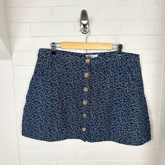 Fat Face Navy Patterned Button Front 100% Cotton Skirt Size 16 - Picture 1 of 9